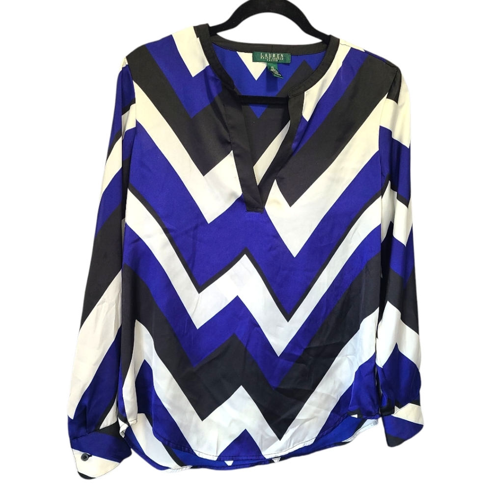 Lauren Ralph Lauren V Neck Shirt Zig Zag Pull On Blue‎ Black White PS